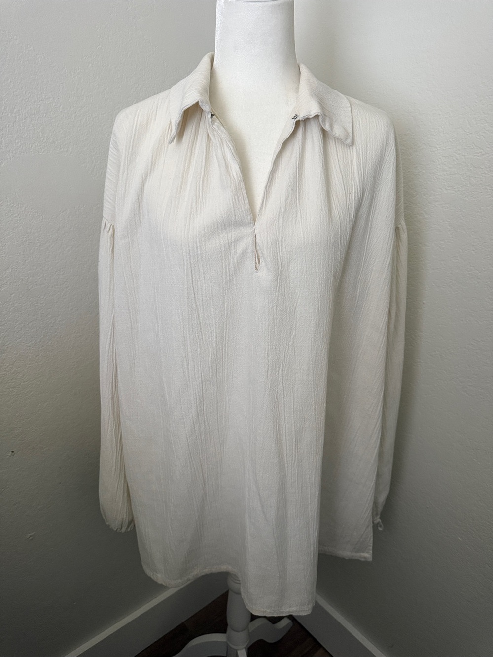 Vintage cotton Relaxed Cream Long-Sleeve Tunic with V-Neck